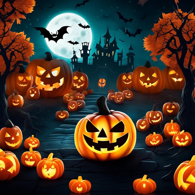 illustrazione di zucche di Halloween con pipistrelli e alberi d'arancia castello spaventoso sullo sfondo