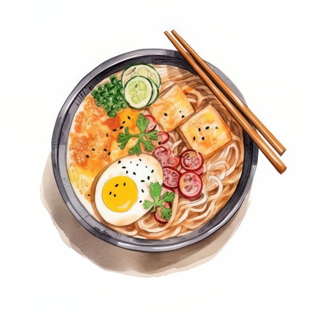 Illustrazione di zuppa di miso giapponese con uovo su sfondo bianco