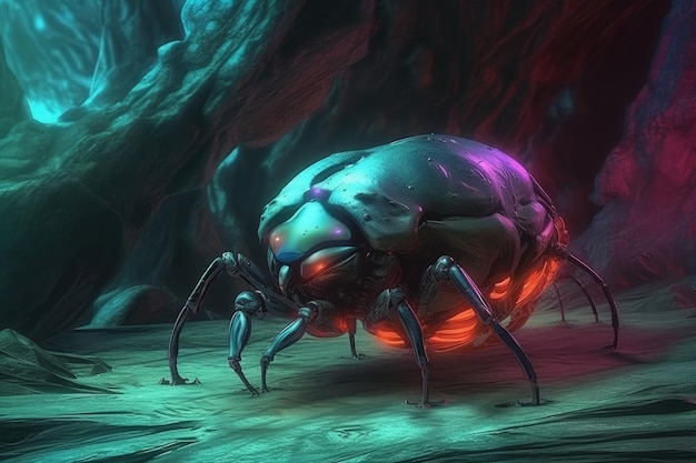 Illustrazione digitale 3D di una creatura bug aliena in un ambiente fantascientifico astratto AI generativa