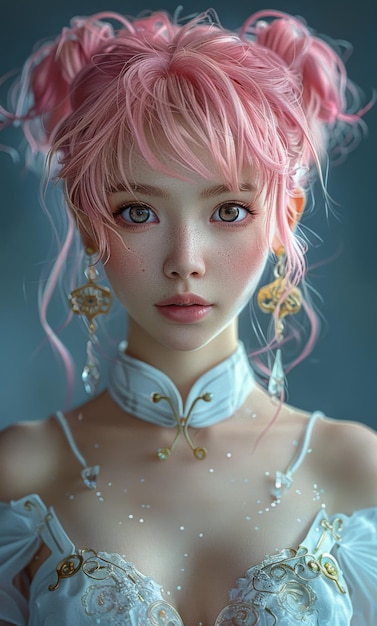 Illustrazione digitale 3D di una ragazza di fantasia rosa in una casa abbandonata con una faccia di fantasia