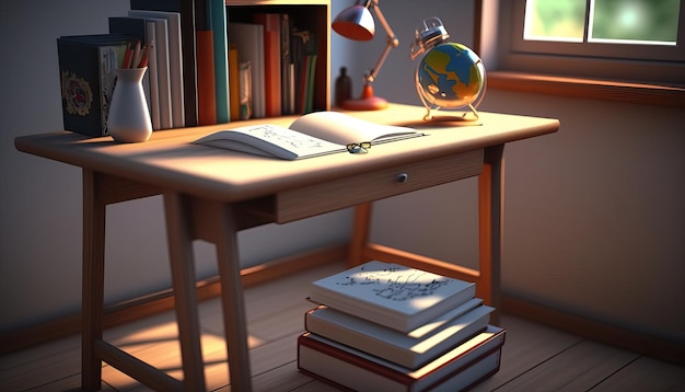 Illustrazione digitale 3D di una stanza dei bambini del tavolo da studio e della scrivania di uno studente Generative Ai