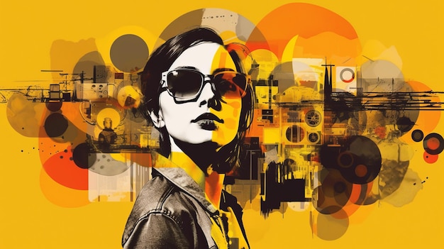 Illustrazione digitale aggressiva Poster vibrante di una donna con occhiali da sole