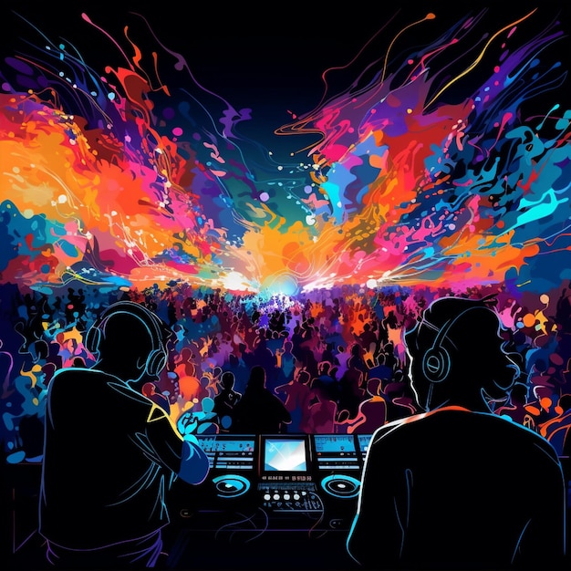 Illustrazione digitale astratta di un'affascinante performance dal vivo di un DJ o di una band