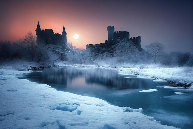 Illustrazione digitale del castello congelato di fantasia