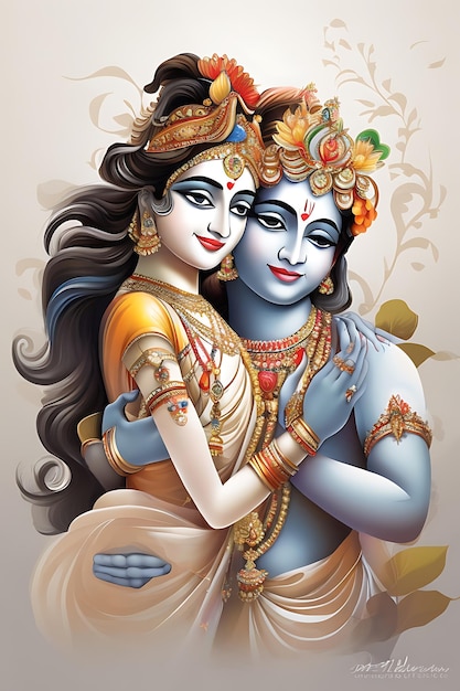 Illustrazione digitale del Signore Krishna in una posa elegante e aggraziata accompagnato da Radha
