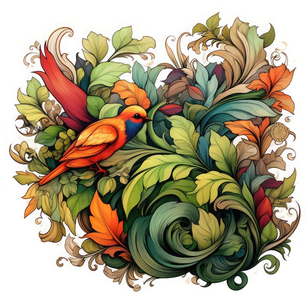 Illustrazione digitale dell'uccello con le foglie