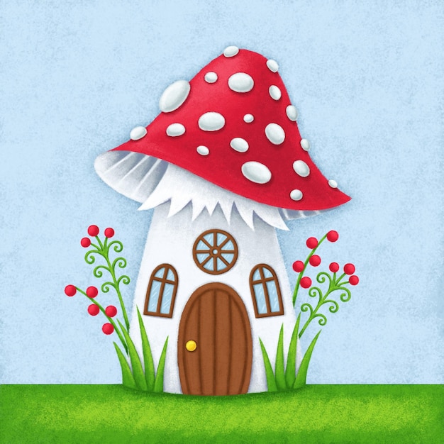 Illustrazione digitale della casa dei funghi da favola per bambini