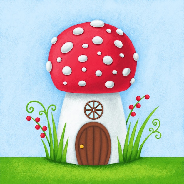 Illustrazione digitale della casa dei funghi da favola per bambini