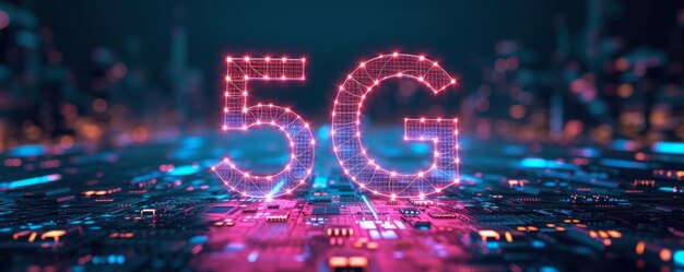 Illustrazione digitale della connettività 5G con linee al neon luminose e nodi di rete al buio