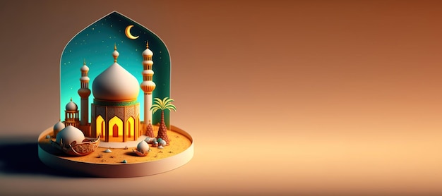 Illustrazione digitale della moschea per Eid Ramadan islamico Banner con spazio di copia