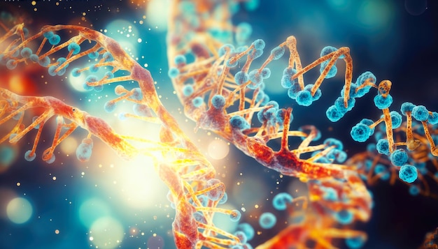 Illustrazione digitale della struttura del DNA sullo sfondo a colori con rendering 3D bokeh