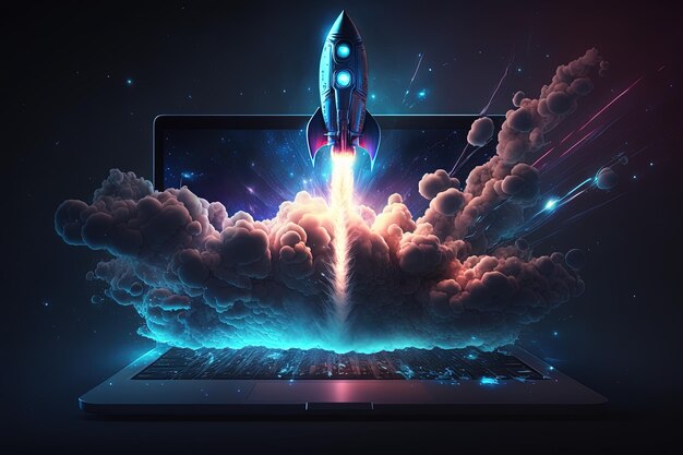 Illustrazione digitale dello sfondo del razzo e del laptop con luce al neon blu IA generativa