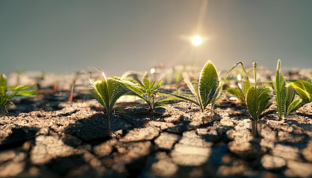 illustrazione digitale di giovani piante che crescono in terreni aridi con il sole sullo sfondo