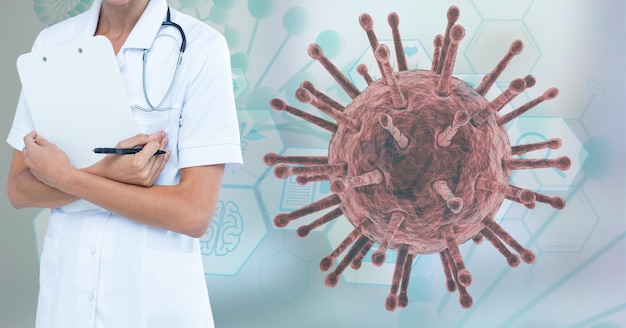 Illustrazione digitale di un medico in possesso di un file di documenti con cella macro coronavirus covid-19 su icone mediche sullo sfondo.