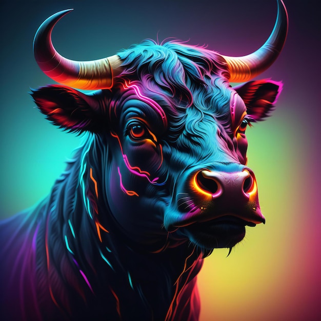 Illustrazione digitale di un toro alla luce al neon sfondo animale astratto