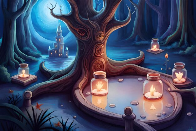 illustrazione digitale di una bottiglia di pozione magica in una foresta oscura e fantasy