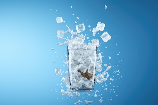 Illustrazione digitale di una tazza di vetro con cubetti di ghiaccio all'interno di uno sfondo blu
