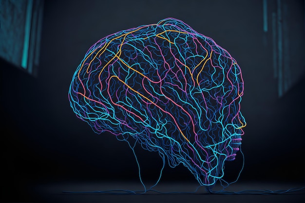 Illustrazione digitale di una testa umana con una rete futuristica di fili al neon e luci LED