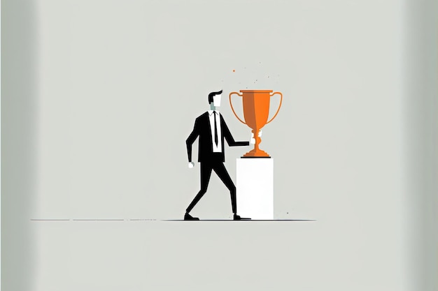 Illustrazione digitale di uomo d'affari con trofeo, sfondo bianco. IA generativa