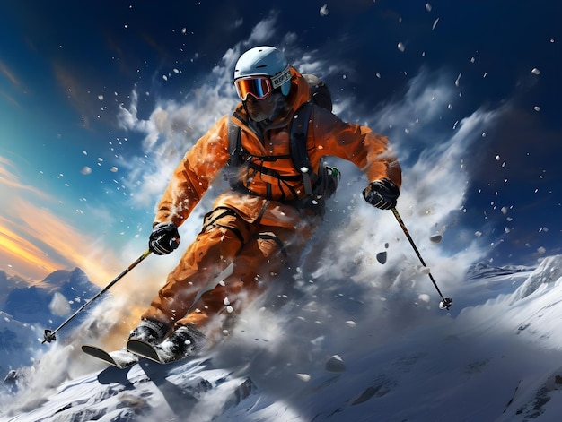Illustrazione digitale disegnata a mano di sciatori che sciano in inverno