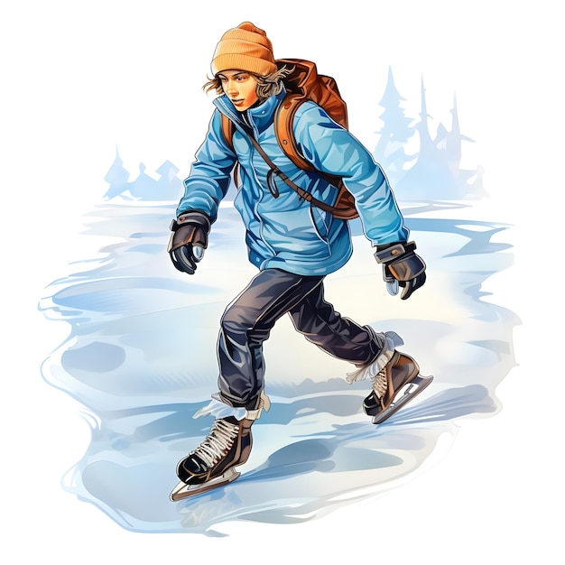 Illustrazione digitale disegnata a mano di un pattinatore che pattina sul ghiaccio negli sport sulla neve della stagione invernale