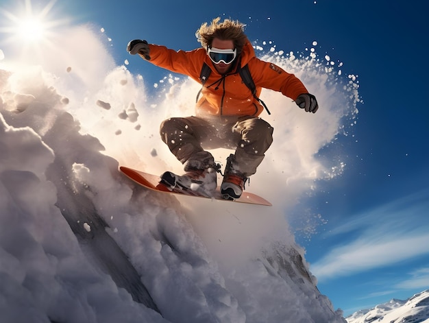 Illustrazione digitale disegnata a mano di uno snowboarder che fa snowboard nella stagione invernale degli sport sulla neve