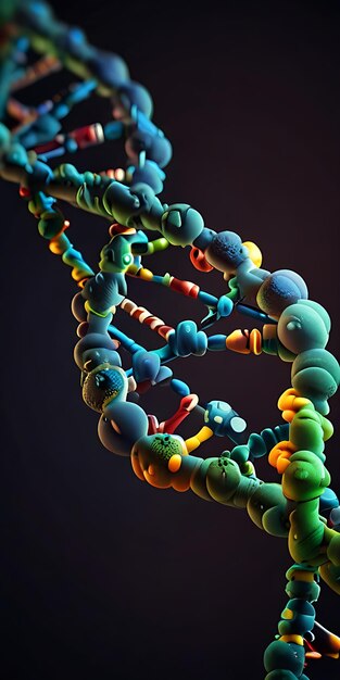 Illustrazione digitale molto dettagliata di un filamento di DNA con intricata struttura molecolare in stile realistico scientifico generativo ai