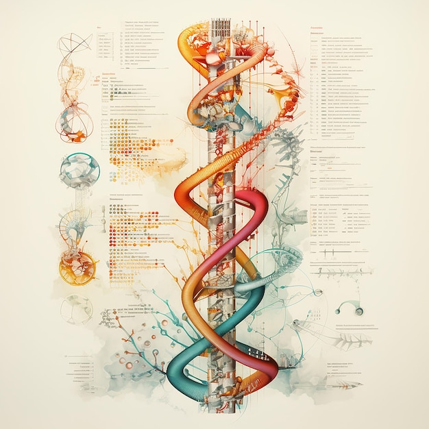 Illustrazione digitale Struttura del DNA in colore di sfondo con elementi medici rendering 3D