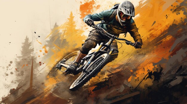 Illustrazione dinamica di una mountain bike in azione, velocità e avventura