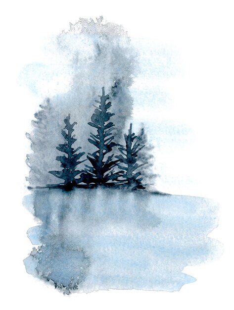 Illustrazione dipinta a mano ad acquerello di pini nei colori blu e grigio