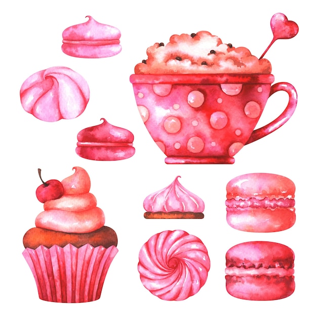 Illustrazione dipinta a mano con dolci ad acquerello e tazza di caffè isolata su sfondo bianco