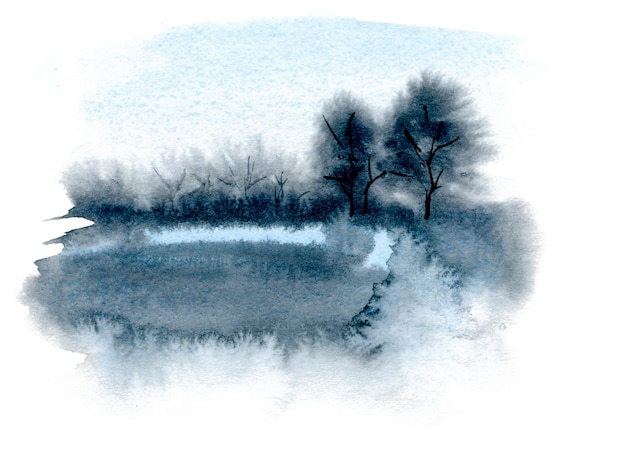 Illustrazione dipinta a mano dell'acquerello dell'albero nei colori blu e grigi