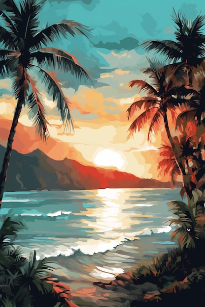 Illustrazione dipinta a mano di palme e mare sullo sfondo