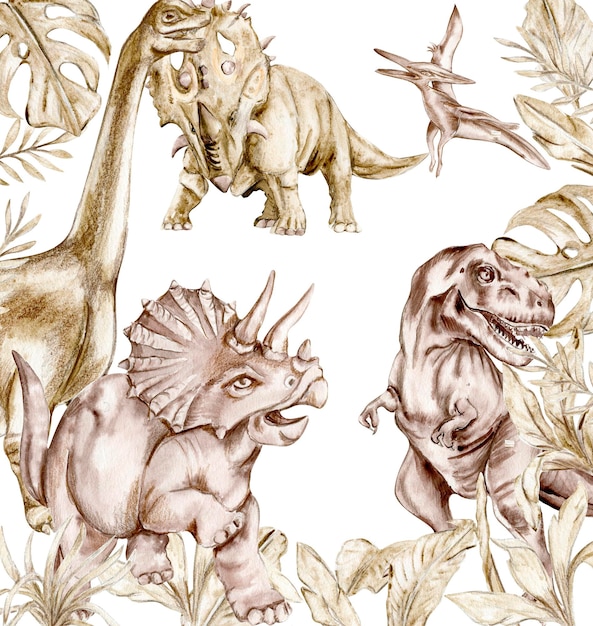 Illustrazione disegnata a mano ad acquerello di dinosauri su sfondo bianco Perfetto per il poster della scuola materna