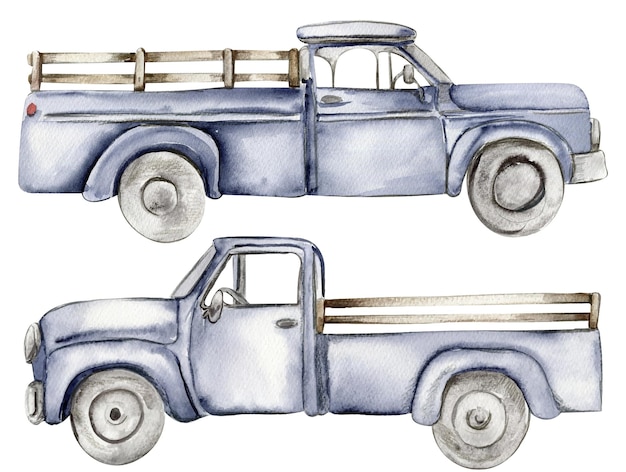 Illustrazione disegnata a mano del camion blu dell'acquerello dell'annata di vecchia retro automobile