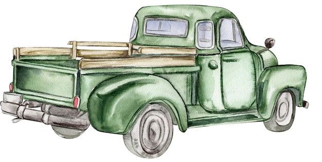 Illustrazione disegnata a mano del camion verde dell'acquerello dell'annata di vecchia retro automobile