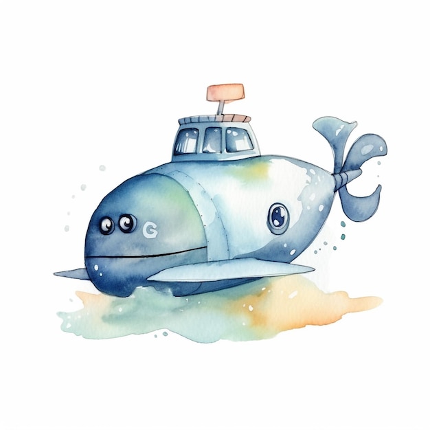 Illustrazione disegnata a mano del fumetto dell'acquerello sottomarino. sottomarino acquerello su sfondo bianco.