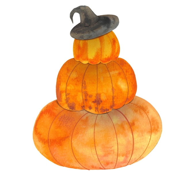 Illustrazione disegnata a mano dell'acquerello del cappello della strega della decorazione di halloween del pupazzo di neve della zucca