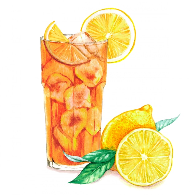 Illustrazione disegnata a mano dell'acquerello del tè di ghiaccio fresco con i limoni gialli