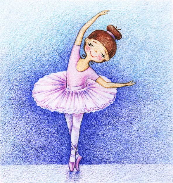 Illustrazione disegnata a mano della piccola ballerina sul palco dalle matite colorate