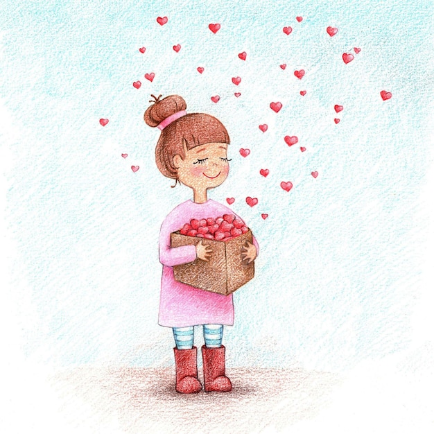 Illustrazione disegnata a mano di ragazza carina con scatola piena di cuori