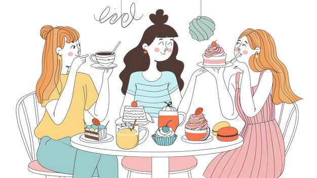 Illustrazione disegnata a mano di ragazze che si godono il tè in un caffè dei dessert