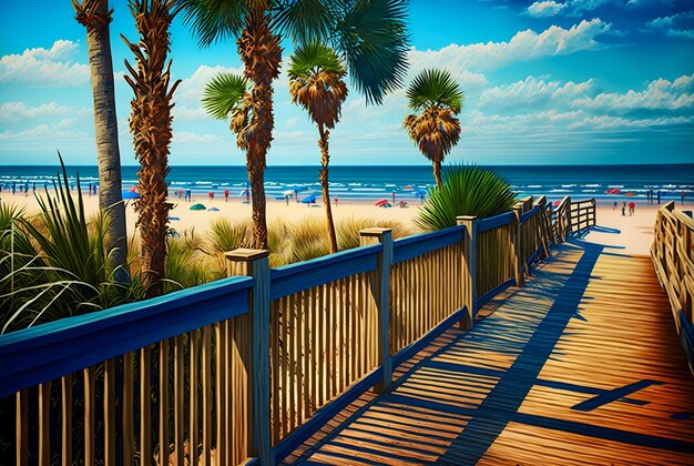 Illustrazione disegnata a mano di stile retrò del lungomare soleggiato della spiaggia con le palme