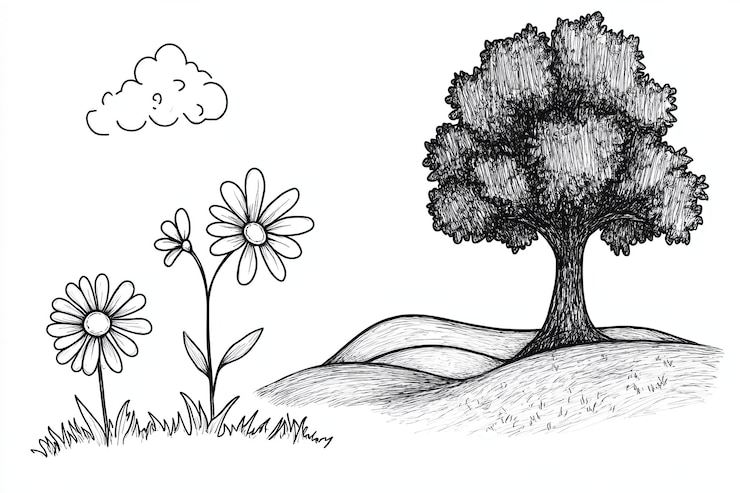 Foto illustrazione disegnata a mano di un albero, fiori e una nuvola perfetta per i temi della natura