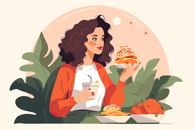 illustrazione disegnata a mano di una donna che mangia un hamburger