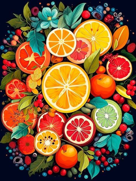 Illustrazione disegnata a mano di vettore colorato di arance limoni pompelmi e frutti di bosco