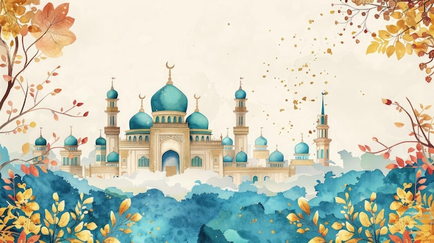 Illustrazione Disegno di silhouette di moschee musulmane e islamiche con minareti con sfondo naturale