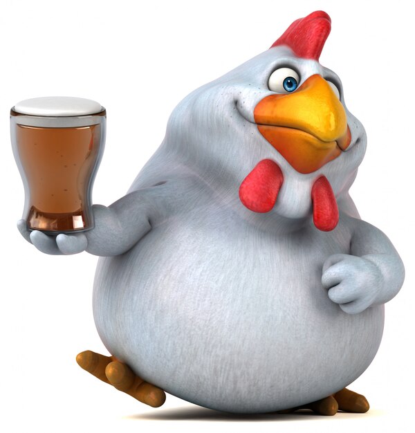 Illustrazione divertente del pollo 3d che tiene un bicchiere di birra
