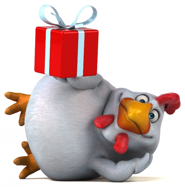 Illustrazione divertente del pollo 3d che tiene un presente