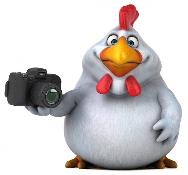 Illustrazione divertente del pollo 3d che tiene una macchina fotografica della foto